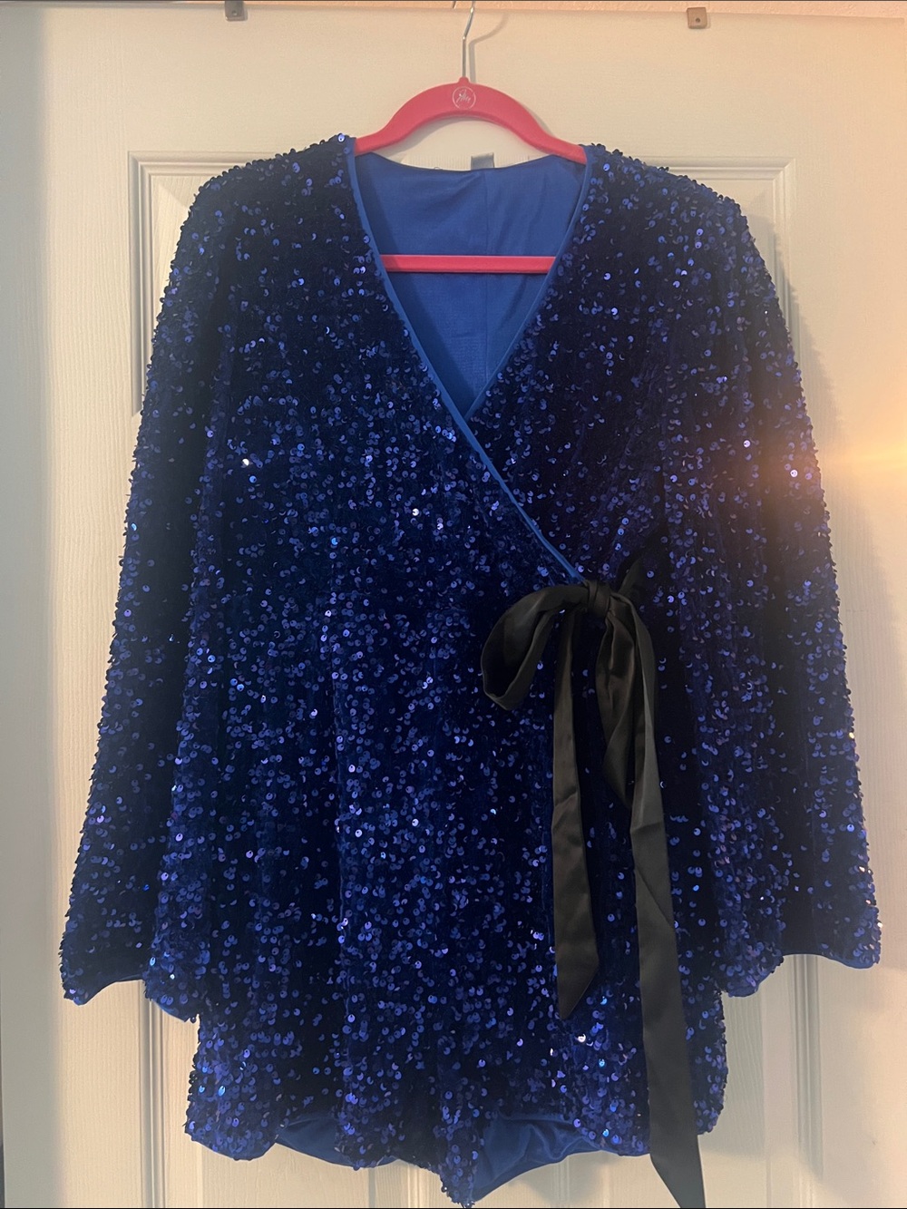Blue Sequin Wrap Jacket with Satin Tie